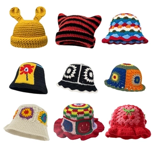 Handmade Crochet Knitted Bucket Hat For Women Funny Animal Ear Winter Warm Acrylic Beanie Hat Bohemian Floral Striped Patchwork Headgear Accessory