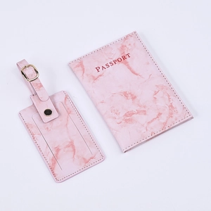Pink marble texture PU leather travel set with passport cover and matching luggage tag