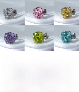 Macro detail of four-prong nest-cut cubic zirconia stud earrings in six colors