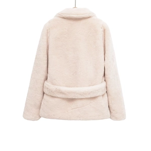 Back view of a beige faux fur jacket featuring a lapel collar and plush texture details