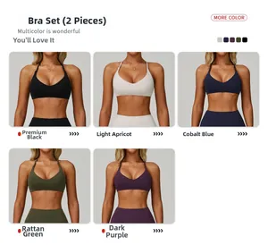 Collage of halter yoga bra sets in black, apricot, cobalt blue, vine green, and purple