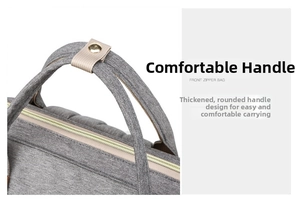 Close-up of portable baby bag with reinforced fabric handles and gold metal snap buttons