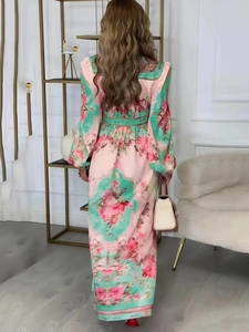 Back view of elegant pink floral silk dress with slim waist and long sleeves