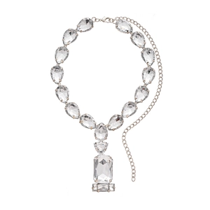 Luxury silver necklace with teardrop crystals and emerald-cut rectangular pendant