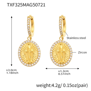 Detail of 18K gold stainless steel earrings with zircon deity pendant and dimensions