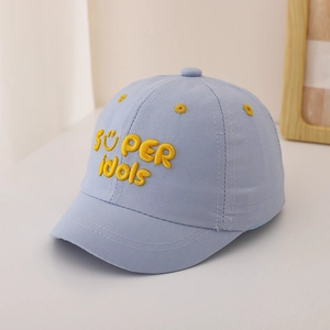 Detail of light blue cotton kids baseball cap with yellow 3D SUPER idols embroidery