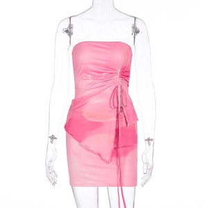 Pink tie-dye two-piece set featuring a ruched tube top and bodycon skirt for summer
