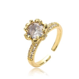 Gold-plated adjustable ring with brilliant-cut zircon in a crown setting and pavé side stones