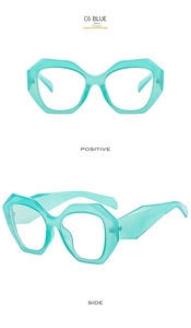 Front and side views of translucent blue polygonal frames with anti-blue light lenses