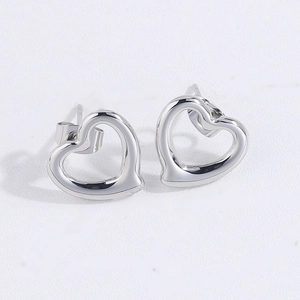 Polished silver heart stud earrings in minimalist stainless steel for women fashion