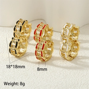 Detail view of 18K gold plated chain hoop earrings with colorful enamel and cubic zirconia