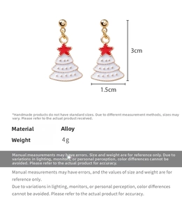 Detailed view of alloy Christmas tree earrings with white glaze and red star dimensions