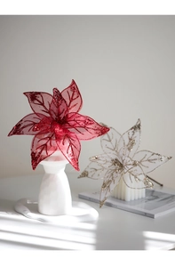 Detail of glittered sheer mesh Christmas flowers in champagne and white for tree decor