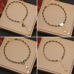 Stainless Steel Woven Leather Chain Necklace With Butterfly Artificial Pearl Heart Pendant Retro Clavicle Choker For Women