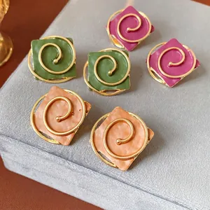Vintage Square Spiral Geometric Stud Earrings With Silver Earring Post French Retro Style Enamel Jewelry For Women