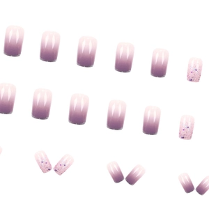 Faux ongles dégradés violet taro français avec paillettes fines et forme carrée