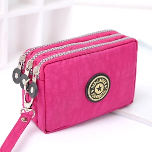 Three-zipper rose red washed denim pouch for makeup and phone with wrist strap