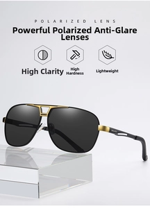 Close-up of polarized aviator sunglasses showing gold and black frame details and lenses