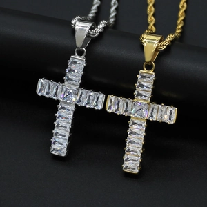 Cross Pendant Necklace With AAA Rectangular Zirconia 316 Stainless Steel Gold Plated Hip Hop Fashion Jewelry