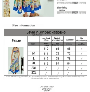 Detailed size chart for sexy graffiti print cotton linen dress with strap measurements