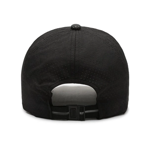 Rear view of black breathable quick-dry baseball cap with laser-cut vents and adjustable buckle