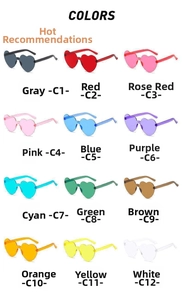 Detailed color selection guide for heart-shaped rimless sunglasses in 12 vibrant jelly tones