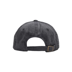 Detail view of adjustable bronze buckle and vintage charcoal gray washed baseball cap