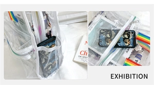 Detail view of large capacity transparent PVC mesh backpack with books and phone inside