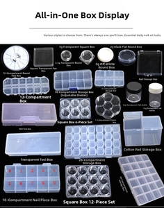 Detailed view of various clear plastic storage containers with multiple compartments