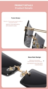 Detailed macro view of metal hinges and silicone nose pads on rimless sunglasses