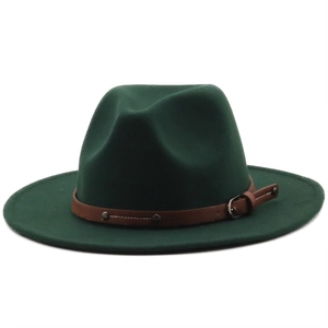 Detail of dark green wool fedora hat with brown leather studded band and buckle