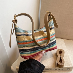 Rainbow Stripe Woven Shoulder Bag Bohemian Mini Underarm Handbag With Adjustable Leather Strap For Women Travel Casual
