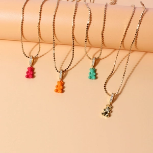 Colorful gummy bear pendants with cubic zirconia bail and fine bead chain necklaces