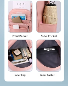 Dettaglio dello zaino rosa con scomparto imbottito per laptop e tasche multiple