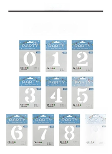 Detailed packaging showing 40-inch white number foil balloon with hanging card and size specs