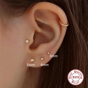 Minimalist S925 sterling silver gold ball stud earrings in 3mm 4mm 5mm sizes on ear