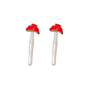 Vintage style mushroom pearl earrings with red gold polka dots and silver needle base