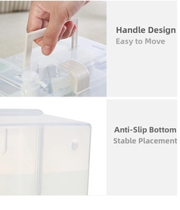 Detail of transparent storage box with portable handle and non-slip bottom pads