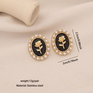 Detailed view of vintage oval earrings with rose relief and pearl border specifications