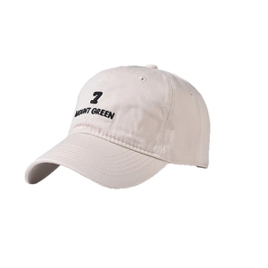 Beige cotton baseball cap with number 7 embroidery shown from a 45-degree angle view