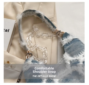 Detail of light blue denim shoulder bag with white faux fur trim and acrylic chain link