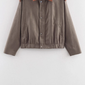 Brown faux suede jacket with leather patchwork collar and metal button closure detail