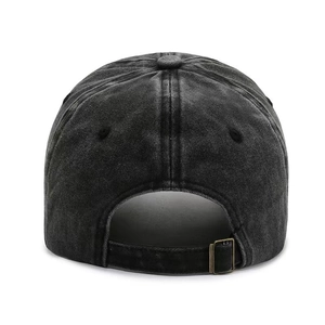 Rear view of vintage washed black denim baseball cap with adjustable metal buckle closure
