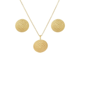 Detailed view of golden jewelry set featuring scale texture on round pendants and earrings