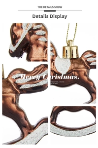 Vues détaillées du cheval de manège de Noël marron avec textures pailletées