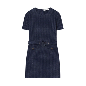 Robe Courte En Tweed Élégante À Manches Courtes Col Rond Avec Ceinture Boutons Dorés Bleu Marine