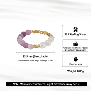 Elastic 925 silver ring with lilac stone and freshwater pearls for minimalist women style