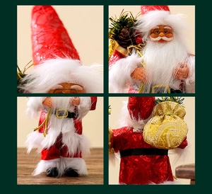 Close-up details of 9-inch Santa Claus figurine featuring red embossed fabric and gold accents