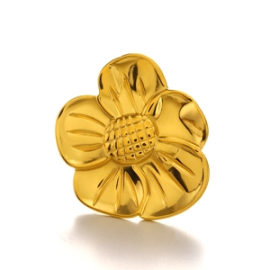 Polished 18K gold-plated stainless steel flower ring with detailed vein textured petals