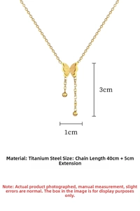 Detail view of gold butterfly tassel necklace with 40cm titanium steel chain dimensions